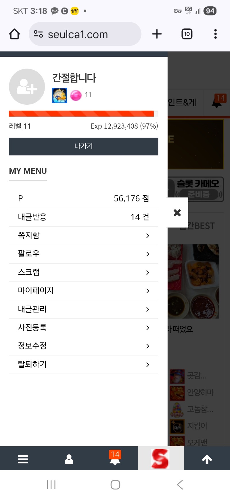 레벨 업. 직전. 이번은 빠르게 달성할듯요
