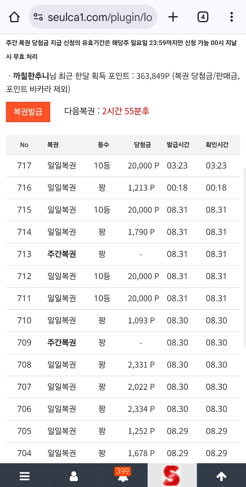 일복 2틀동안 4번당첨