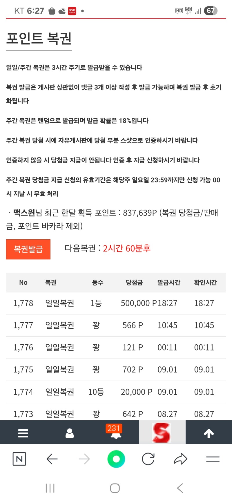 간만에 일복 10등ㅎㅎ