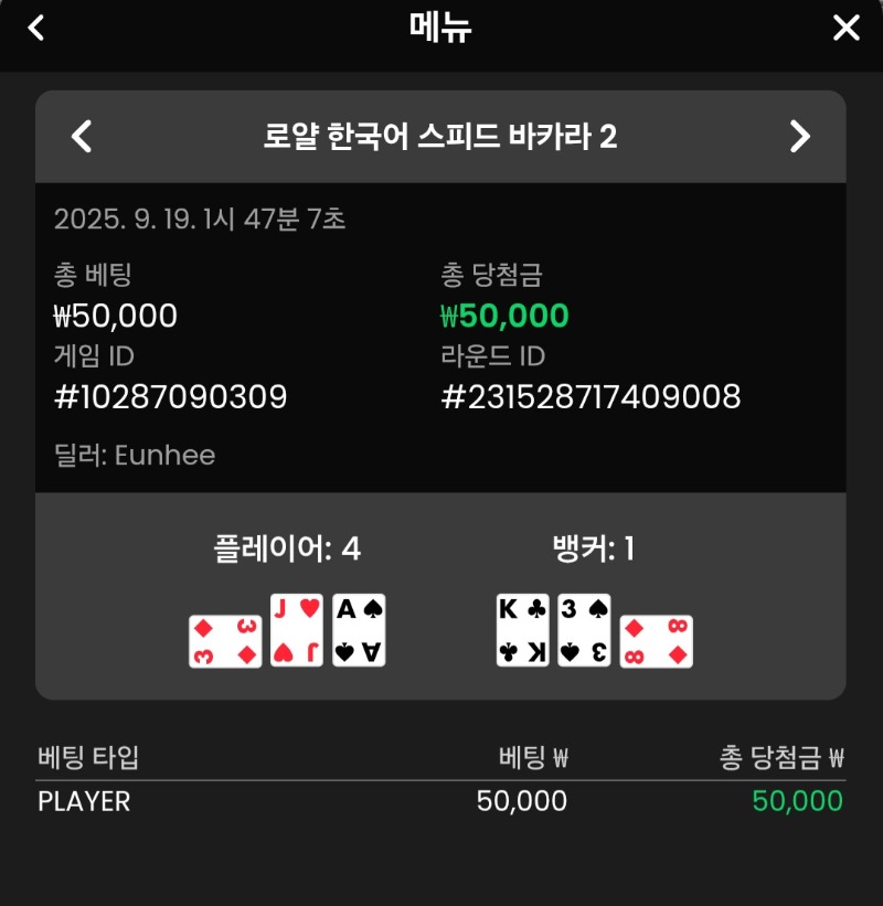 바카라 플레이어 1승