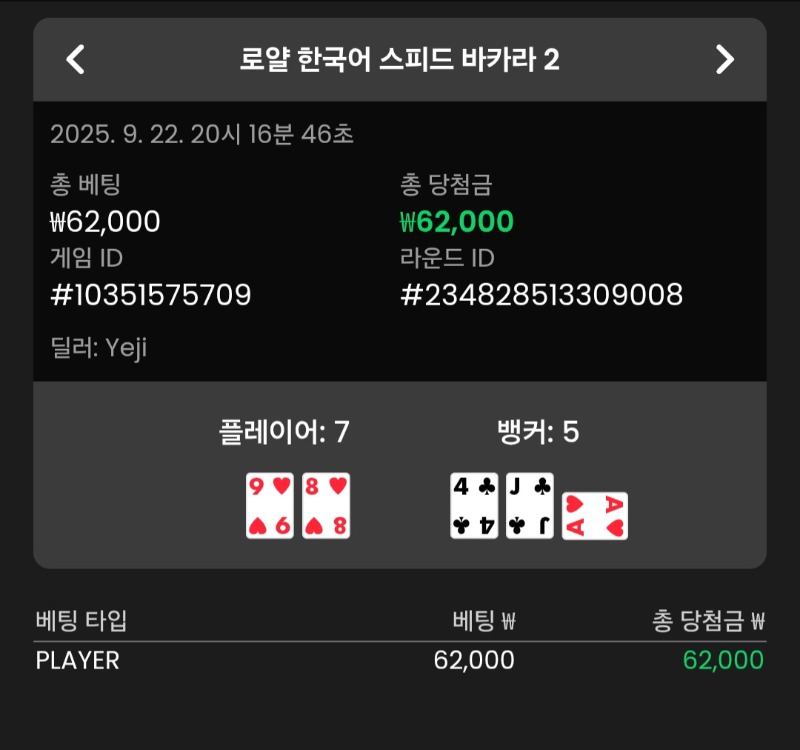바카라 플레이어 2승