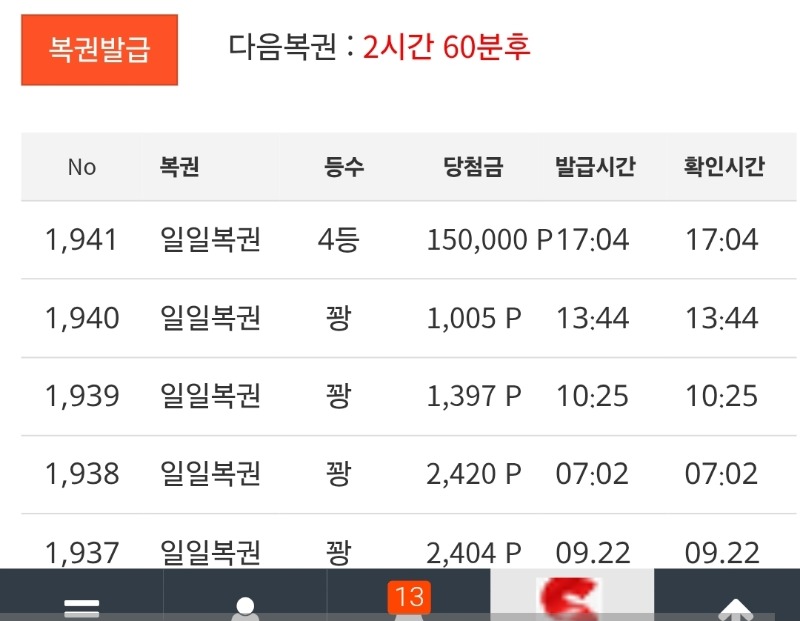 오호 일복 4등 당첨