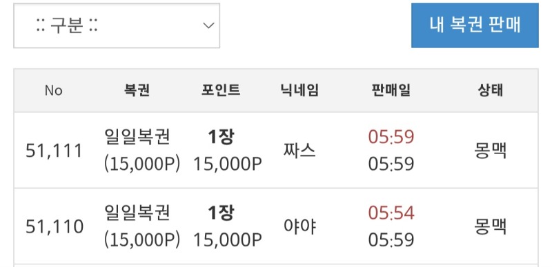 일복2개구매+6시 정각복권
