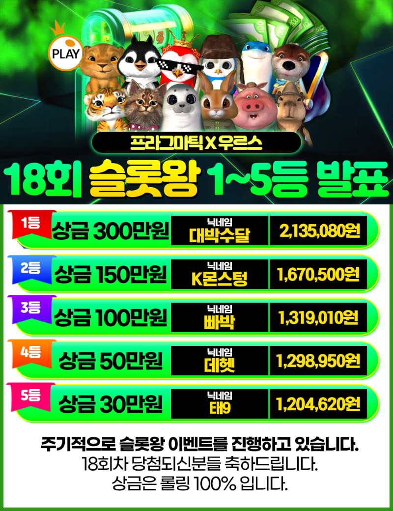[결과발표] 18회 슬롯왕 결과 발표