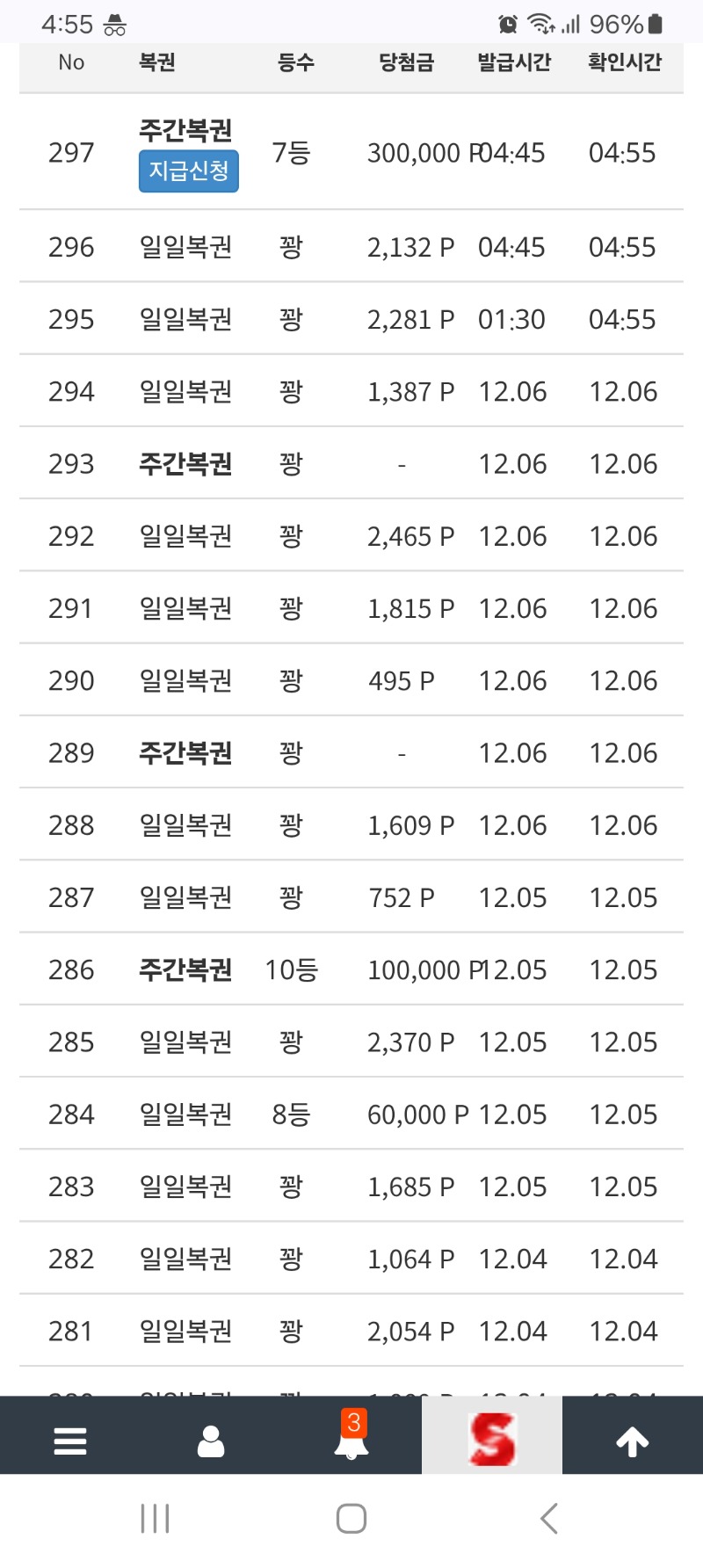 주간 복권 7등 당첨