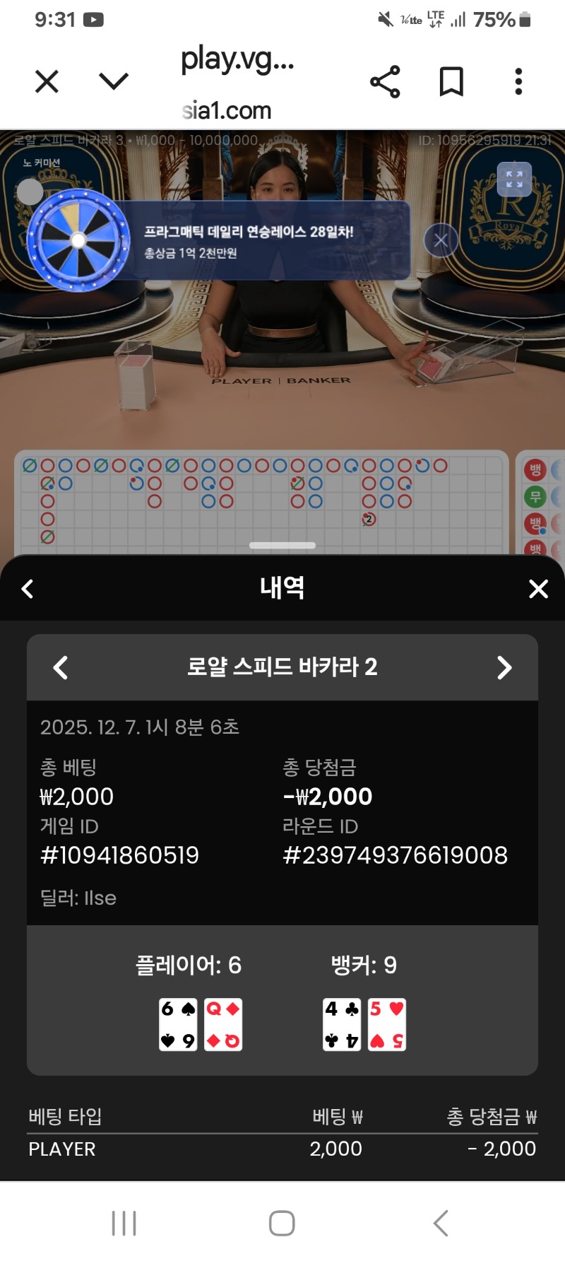 로얄카라 9:6패