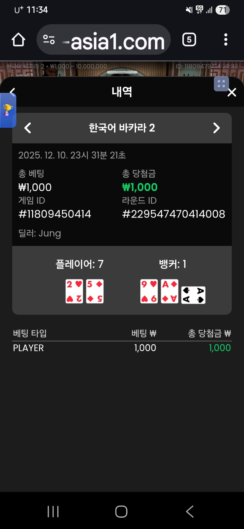 천냥들고 바카라  이김