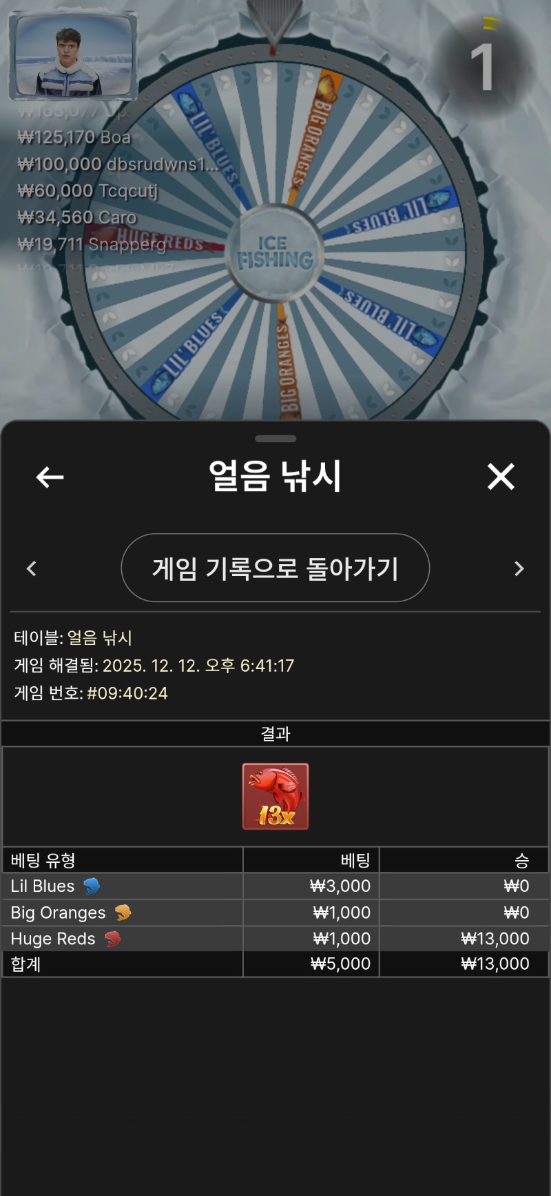 얼음낚시 이겼다