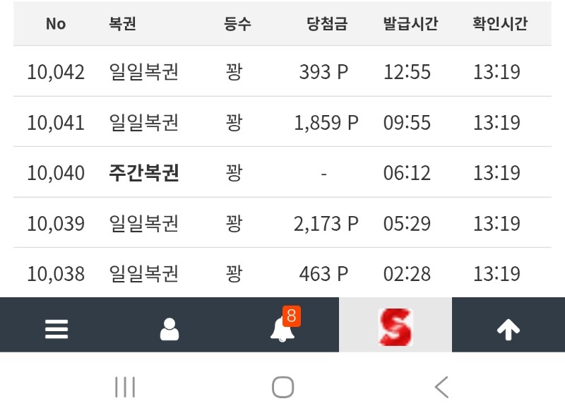 오늘자 복권과 구매주복을 이제 긁어봤네요