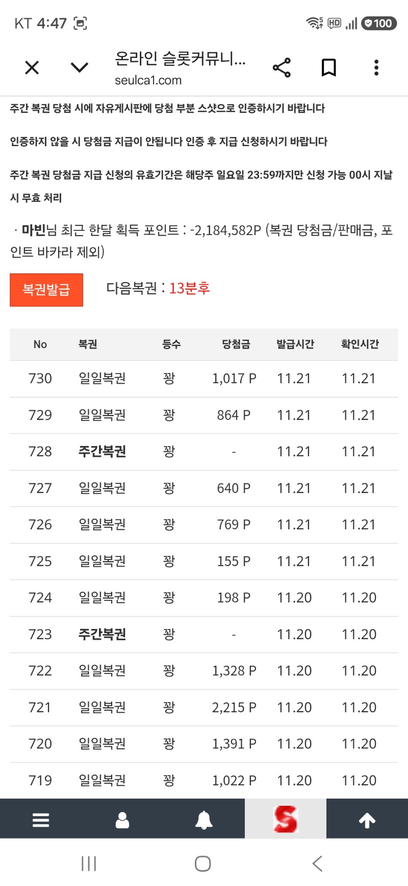 좀 지난거긴 하지만 복권 116연꽝 뒤 10등ㅋ 경품 당첨도 안되구...그 이후로 그냥 팔아요ㅎ